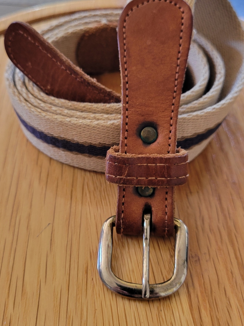 Striped Canvas Belt with Brown Leather Trim - Beige & Navy